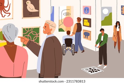 Visitors in modern art gallery. People looking, watching contemporary paintings, pictures on wall in trendy museum hall. Visiting abstract artworks exhibition, exposition. Flat vector illustration