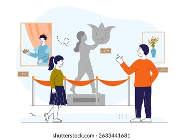 Visitors in museum. Man and woman looking at stone statue. Art object at exhibition. Cultural recreation and leisure. Tourists and travelers in museum. Linear vector illustration