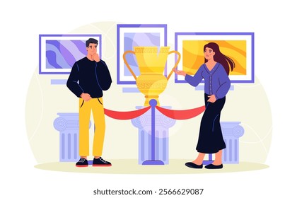 Visitors in museum. Man and woman near golden ancient vase. Art exhibition and gallery. Cultural recreation and leisure. Presentation and exhibition. Flat vector illustration