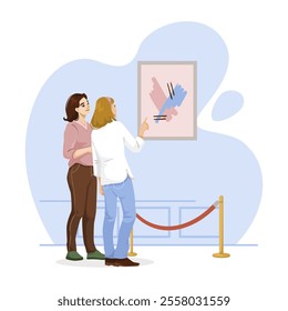 Visitors observing abstract art in a museum gallery. Vector illustration