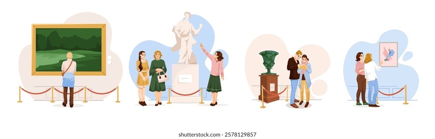 Visitors observing artworks and sculptures in a museum. Vector illustration