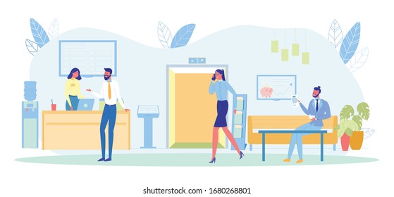 Visitors in Queue to Bank Managers in Department Flat Cartoon Vector Illustration. Business Lady Talking on Mobile Phone Going to Elevator. Client Talking to Clerk. Man Sitting on Sofa with Document.