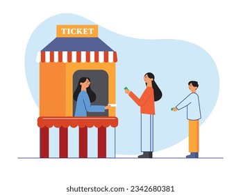 Visitors queue to buy tickets to the fun fair festival at the amusement park. Holiday on weekend. Character design. Vector flat illustration