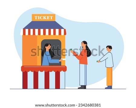 Visitors queue to buy tickets to the fun fair festival at the amusement park. Holiday on weekend. Character design. Vector flat illustration