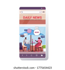 visitors reading newspapers and discussing daily news during coffee break chat bubble communication concept smartphone screen mobile app copy space vector illustration