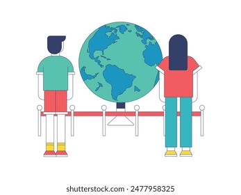 Visitors see a huge global world in the museum, art collection. Character design. Vector flat illustration