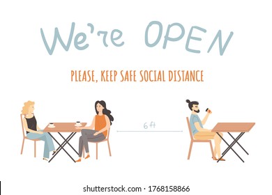Los visitantes se sientan en la veranda del café y mantienen una distancia social segura. Cuarentena de Coronavirus