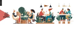 访客-小型企业图形。现代平面矢量概念插图-一套插图显示顾客在咖啡馆、餐厅、酒吧或酒吧里吃饭