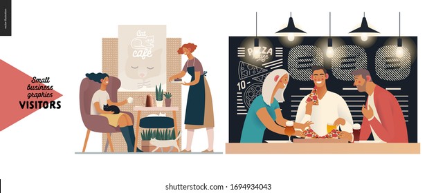 Visitors -small business graphics. Modern flat vector concept illustrations -set of illustrations showing customers eating inside of cafe, restaurant, bar or pub. Cat cafe and pizzeria