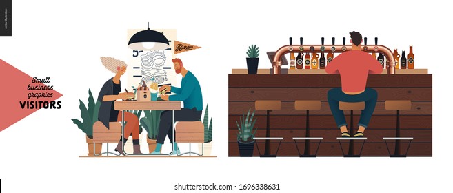 Visitors -small business graphics. Modern flat vector concept illustrations -set of illustrations showing customers eating inside of cafe, restaurant, bar or pub. Bar counter