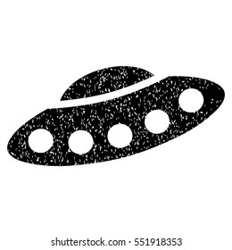 Visitors Spaceship grainy textured icon for overlay watermark stamps. Flat symbol with dust texture. Dotted vector black ink rubber seal stamp with grunge design on a white background.
