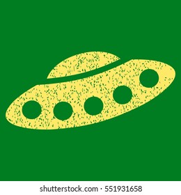 Visitors Spaceship grainy textured icon for overlay watermark stamps. Flat symbol with unclean texture. Dotted vector yellow ink rubber seal stamp with grunge design on a green background.