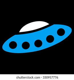 Visitors Spaceship vector icon. Style is flat bicolor blue and white symbol, rounded angles, black background.