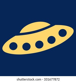 Visitors Spaceship vector icon. Style is flat yellow symbol, rounded angles, blue background.