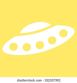 Visitors Spaceship vector icon. Style is flat white symbol, rounded angles, yellow background.