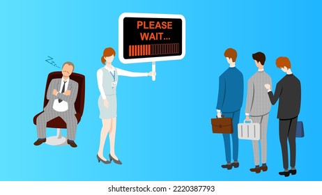 Visitantes esperando en fila para visitar al presidente de la compañía. Él se está echando una siesta. La secretaria dice: "Por favor, espere".