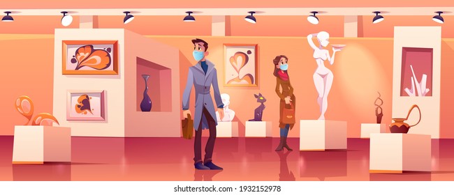 Visitors wear medic masks in museum with modern artworks. Art gallery interior with contemporary exhibition and tourists during coronavirus pandemic. People look exposition cartoon vector illustration