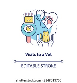 Visits to vet concept icon. Pet wellness tip abstract idea thin line illustration. Routine veterinary clinic visit. Isolated outline drawing. Editable stroke. Arial, Myriad Pro-Bold fonts used