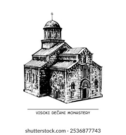 Visoki Dečani Monastery sketch on white background