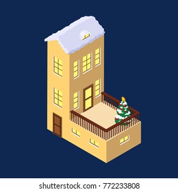 vIsometric vector letter b yellow on blue winter chrismas house in shape of letter b