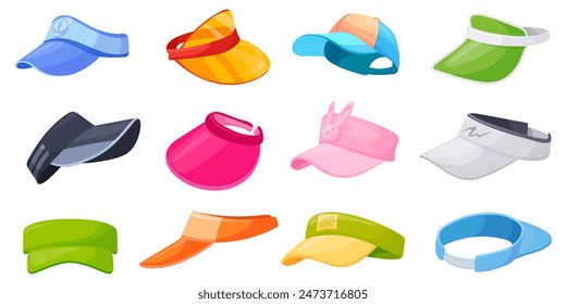 Visor cap. Fitness sport headgears tennis golf badminton baseball cap peak, merchandise cashier hat athletic headband, summer sun hats head accessories neat vector illustration