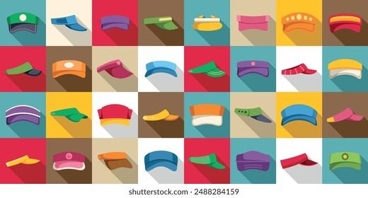 Visor cap icons set. Large set of various hats showing professions and styles for men and women, isolated on colored background