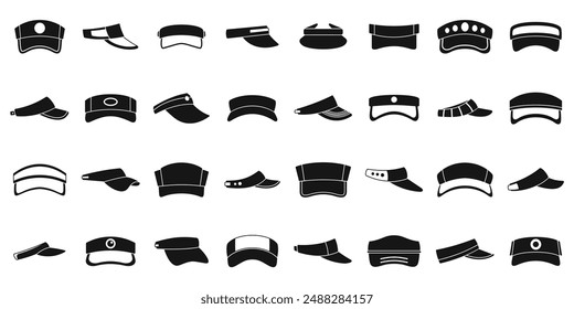 Visor cap icons set. Set of various professional and sport visor hats for delivery service, police, army, golf, tennis, and other activities isolated on white background