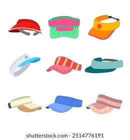 viseira definir desenho animado. moda de proteção, esportes ao ar livre, golfe tênis viseira sinal. símbolo isolado vetor ilustração