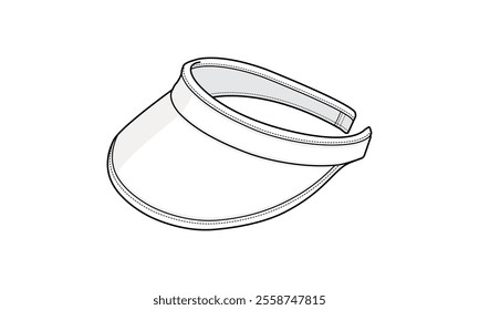 Visor Cap technical fashion illustration. visor cap vector template illustration. 3 4 perspective view. curved brim. open crown. unisex. white color. CAD mockup.