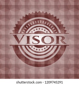 Visor red emblem or badge with abstract geometric polygonal pattern background. Seamless.