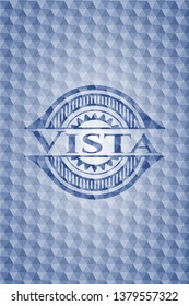 Vista blue emblem or badge with abstract geometric polygonal pattern background.