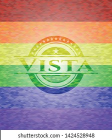 Vista emblem on mosaic background with the colors of the LGBT flag