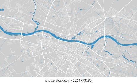 Vistula river map, Warsaw city, Poland. Watercourse, water flow, blue on grey background road map. Vector illustration, detailed silhouette. svg