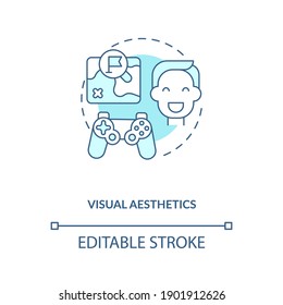Icono de concepto de estética visual. Conocimientos de diseñador de juegos. Crear un producto interesante para que la gente lo disfrute. Ilustración de línea delgada de idea de creación. Dibujo de color RGB con contorno aislado del vector. Trazo editable