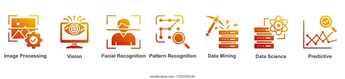 Conjunto de íconos de IA visual enfocados en el análisis de Imágenes, detección de patrones e información predictiva