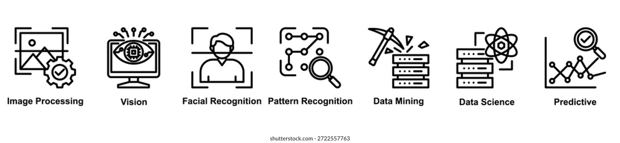 Conjunto de íconos de IA visual enfocados en el análisis de Imágenes, detección de patrones e información predictiva