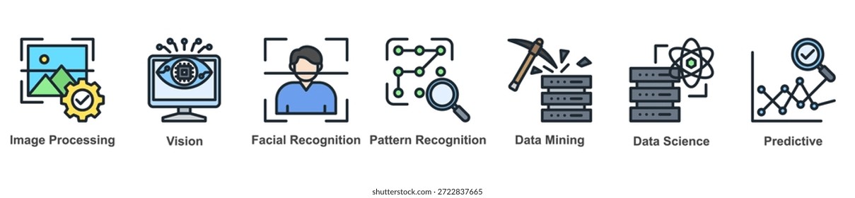 Conjunto de íconos de IA visual enfocados en el análisis de Imágenes, detección de patrones e información predictiva
