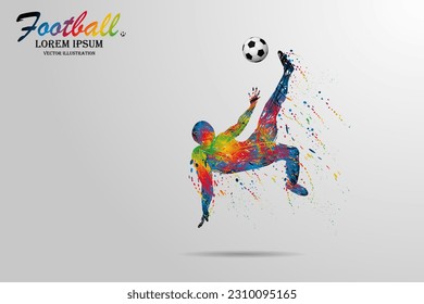 Dibujos animados visuales para los mejores futbolistas o futbolistas con la velocidad de correr rápido y saltar pateando la pelota en el estadio. Hermosa plantilla de diseño para juego vectorial de deporte ganador