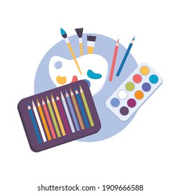 Visual art composition with drawing symbols images of palette with pencils and brush vector illustration