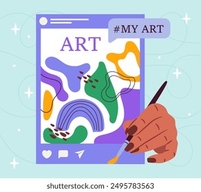 Visual art concept. Hand with brush near painting. Post on social networks. Creativity and art. Inspiration and imagination for creators. Flat vector illustration isolated on blue background