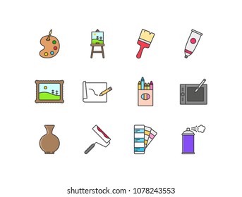 Visual art, design flat line colored icons set with palette, easel, brush, tube, painting, drawing, crayons, tablet, vase, color guide, sprayer.