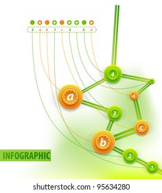 Visual art of infographics. Info charts - route or chronological tree with points and creative descriptions for each point. Clean style