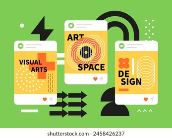 Artes visuales y diseño - conjunto de Plantillas de pantallas de medios sociales. Conceptos de post promocionales con tipografía. Diseños con Formas abstractas. Inspiración y promoción de nueva información para creadores