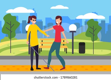 Visual assistance vector concept: woman helping the blind lady walking on the sidewalk