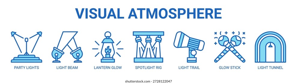 Concepto de Ilustración vectorial de ícono de Anuncio de Web de atmósfera visual con ícono de luces de fiesta, haz de luz, brillo de linterna, plataforma de proyector, rastro de luz, palo de brillo, túnel de luz.