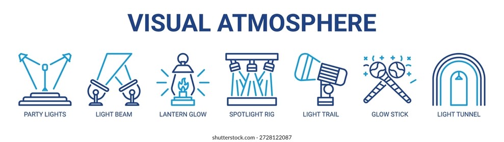 Concepto de Ilustración vectorial de ícono de Anuncio de Web de atmósfera visual con ícono de luces de fiesta, haz de luz, brillo de linterna, plataforma de proyector, rastro de luz, palo de brillo, túnel de luz.
