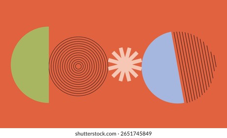 Um equilíbrio visual de semicírculos verdes, vermelhos e azuis com arte concêntrica e radiante. Mistura retro-moderna ideal para composições de design e cartazes de arte.