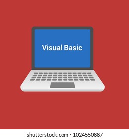 Visual Basic programming language. Laptop flat design on red background