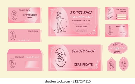 Visual brand identity, corporate style. Beauty parlor, fashion boutique design template set. Outline of lady with mirror. Flourishes. Pink templates of voucher, certificate, envelope, sticker, card