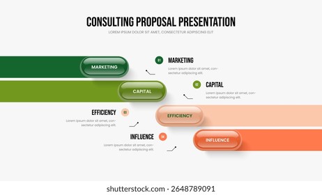 Visual Briefing 4 Element Infographic Slideshow Layout. Moderne Innovatie Frame Ontwerp Vector Illustratie. Verkoopstrategie Vier Optie Diagram Presentatie Sjabloon.
